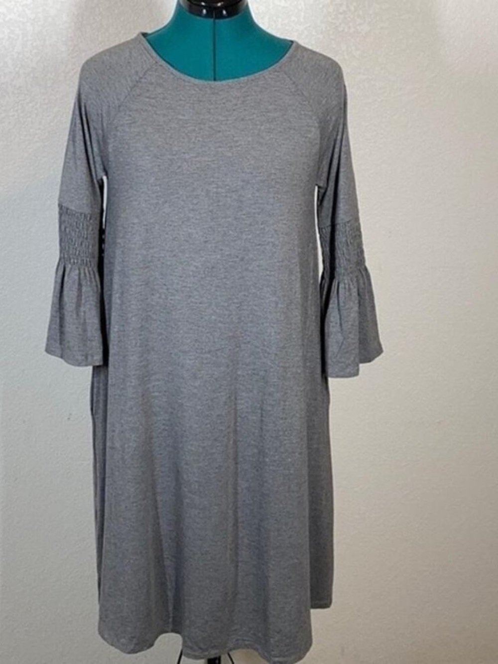Agnes & Dora Heather Gray Smocked Bell-Sleeve Shift Dress